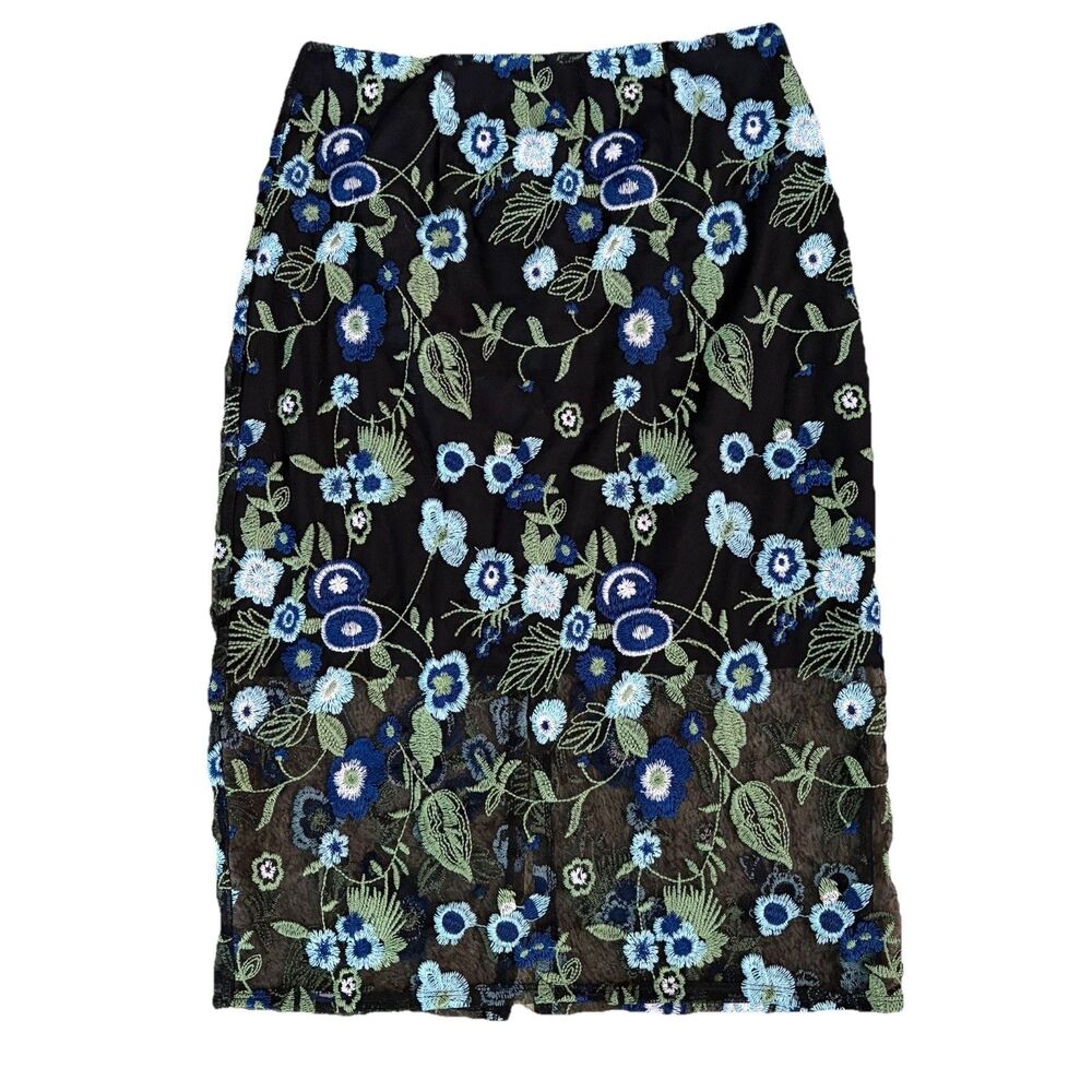 BCBGeneration Embroidered Blue & Black Floral Skirt Women’s 8 Whimsigoth